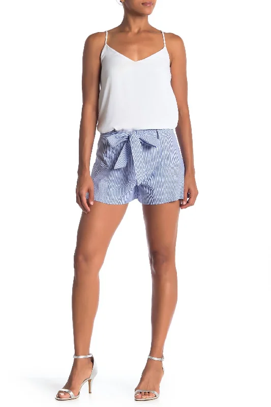 Striped Front Tie Cotton Shorts In Blue