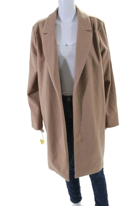 Renuar Womens Solid Tan Open Front Long Sleeve Coat Jacket