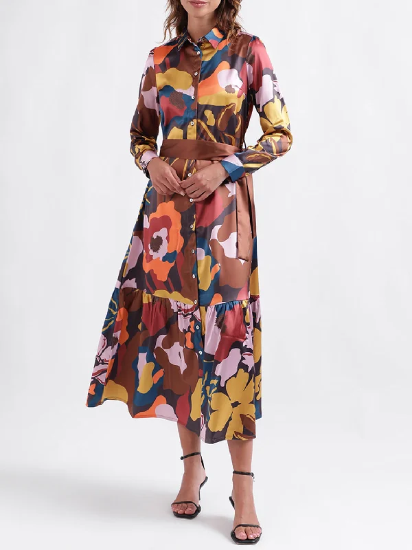 Iconic Women Printed Full Sleeves Collar Dress