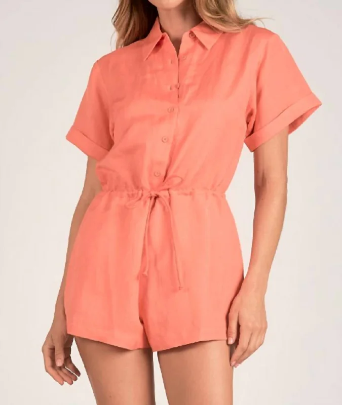 Button Down Drawstring Romper In Coral