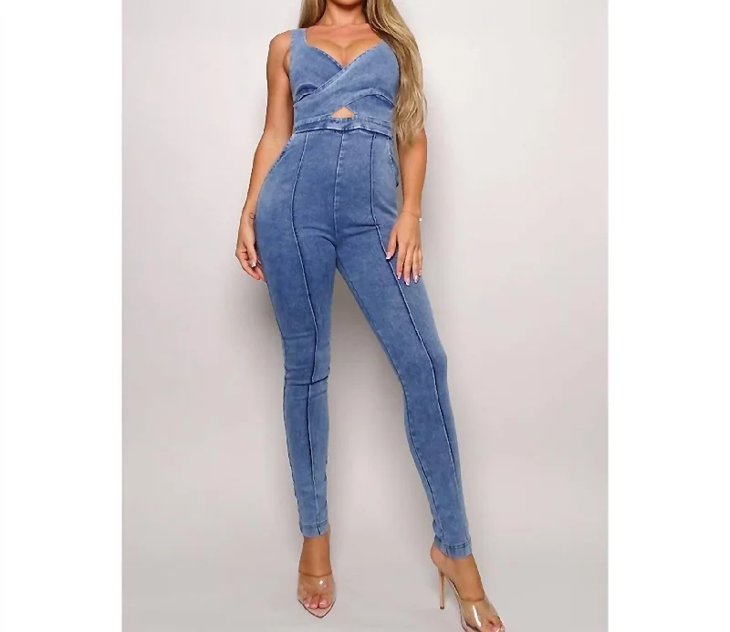 Cut-Out Denim Jumpsuit In Medium Wash