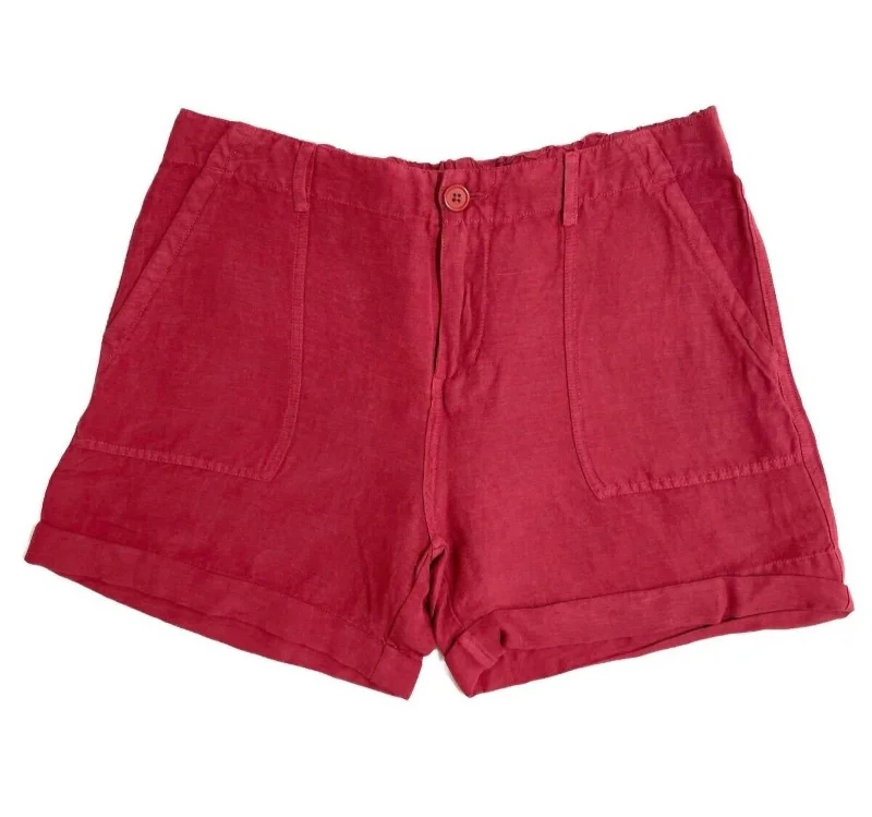 Women's Linen Blend Elastic Waist Rolled Hem Shorts In Red