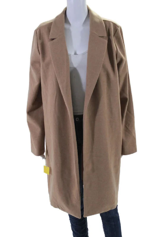 Renuar Womens Solid Tan Open Front Long Sleeve Coat Jacket