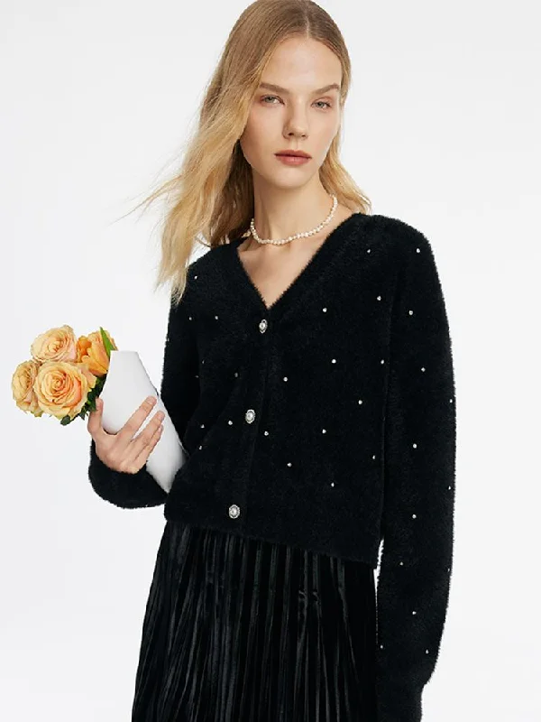 Black V-Neck Rhinestone Knitted Women Cardigan