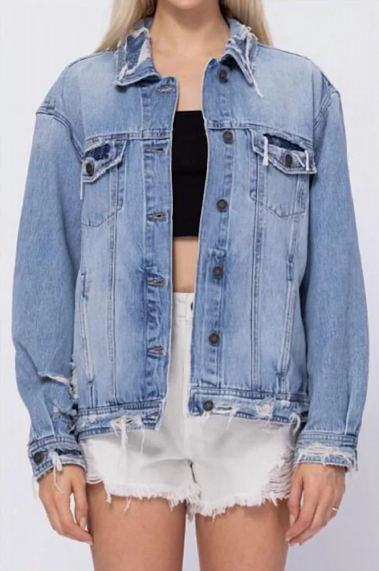 Women's Distressed Bandana Oversized Denim Jacket In Light Wash