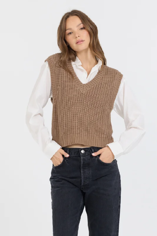 Toffee W/ White Twofer Cropped Sweater Vest