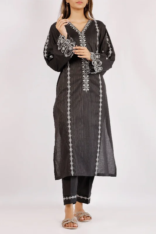 Solid Embroidered Slub Viscose Stitched 2 Piece (Shirt/Trouser)