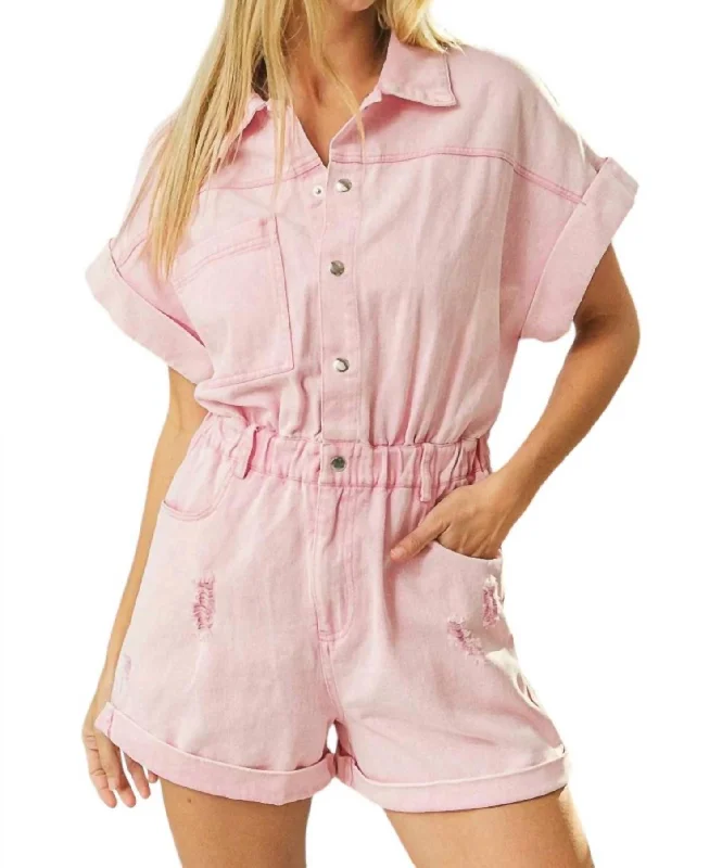 Vintage Washed Distressed Romper In Light Pink