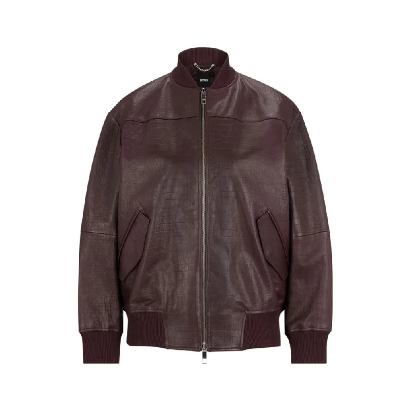 Leather bomber jacket with embossed crocodile motif