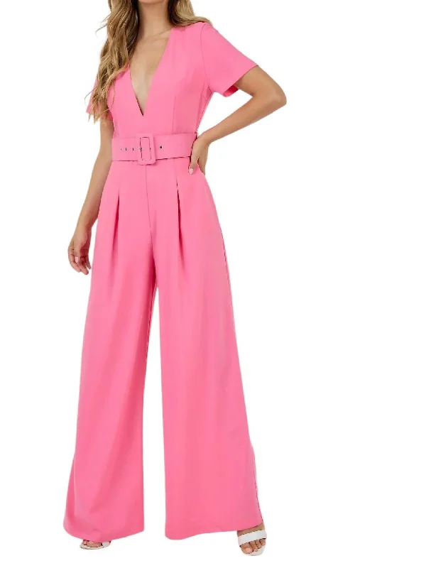 V-Neck Wide Leg Jumpsuit In Powder Pink