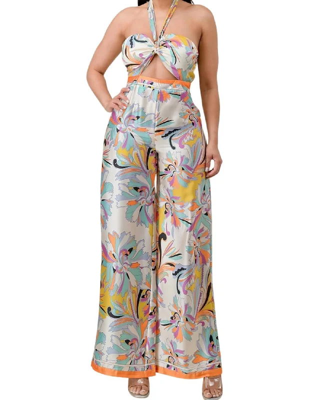 Halter Jumpsuit In Orange Multi