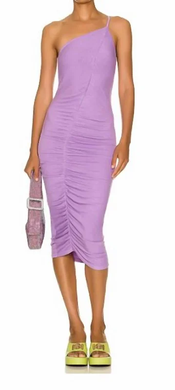 One Shoulder Ruched Midi In Dark Lavender