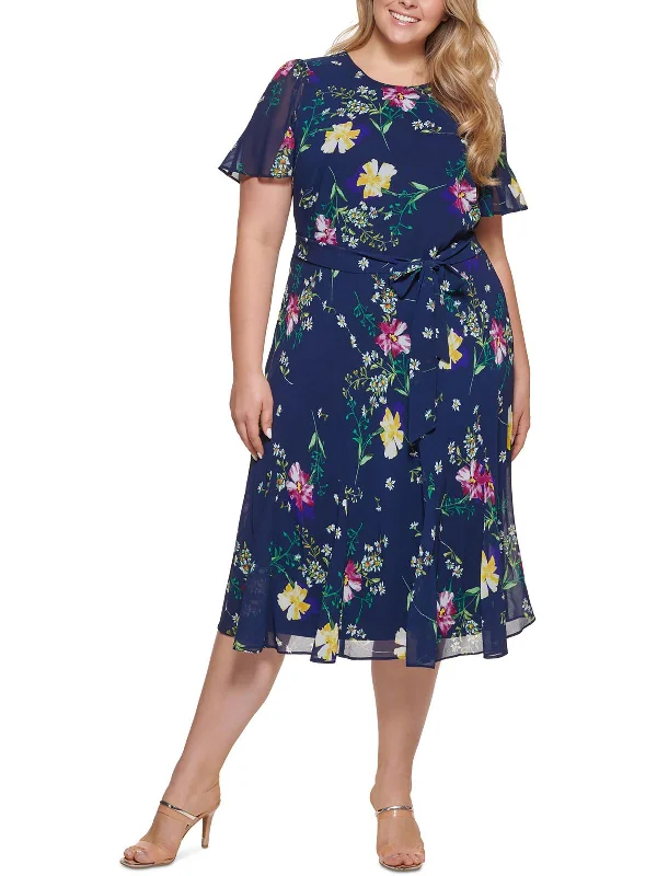 Plus Womens Floral Print Midi Dress