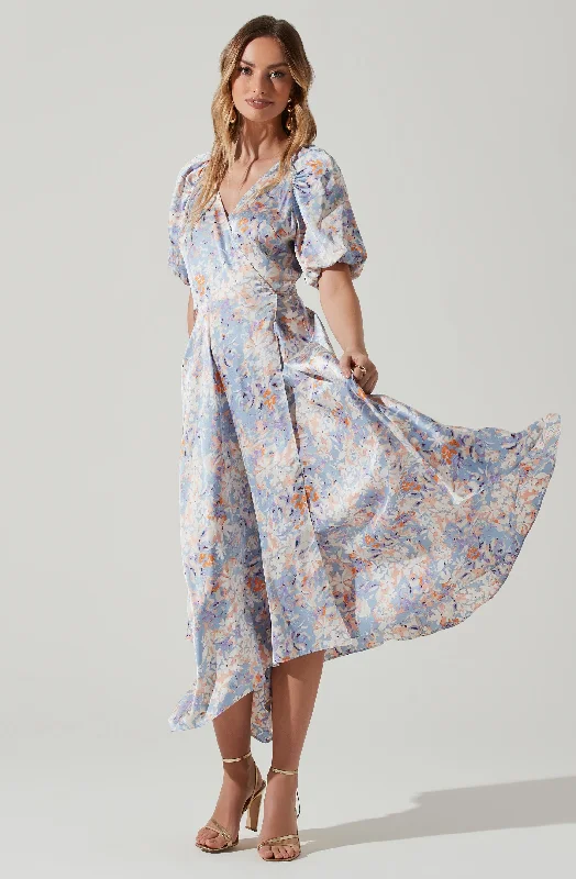 Satin Floral Bubble Sleeve Wrap Midi Dress