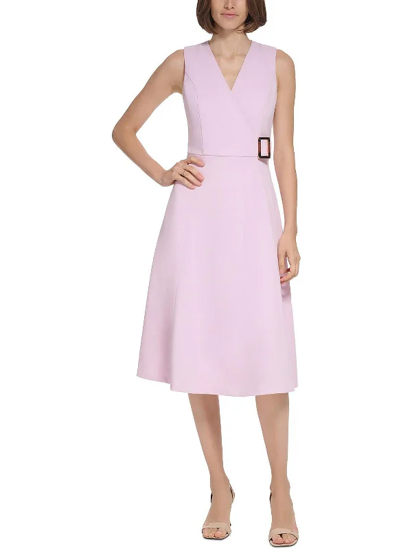 Womens Crepe Belted Midi Dress