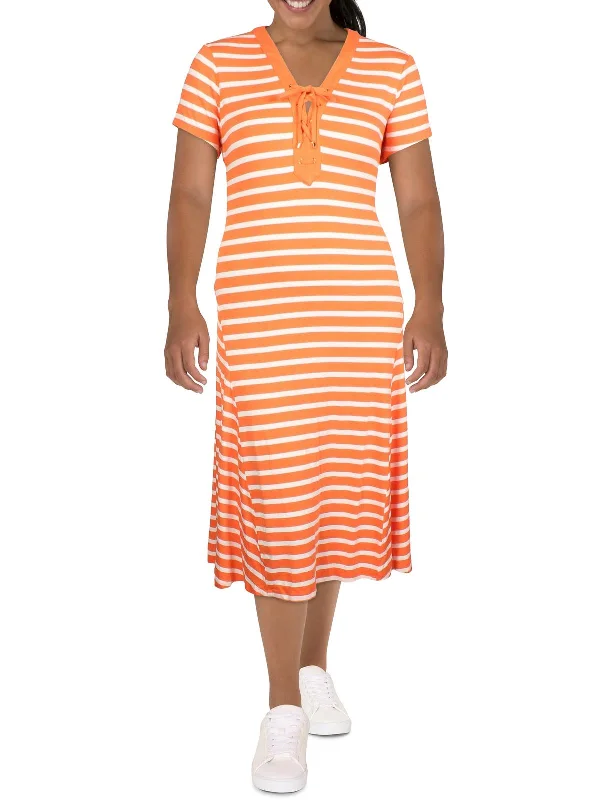 Womens Striped Lace-Up Midi Dress