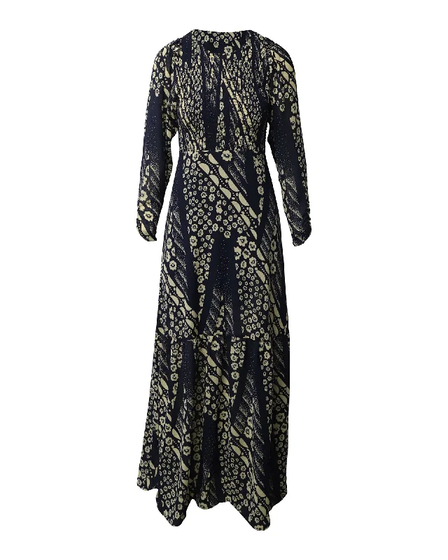 Ba&Sh Printed Long Sleeve Maxi Dress in Navy Blue Polyester