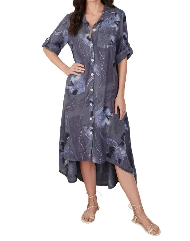 Button Down Hi-Lo Floral Print Maxi Dress In Slate Blue