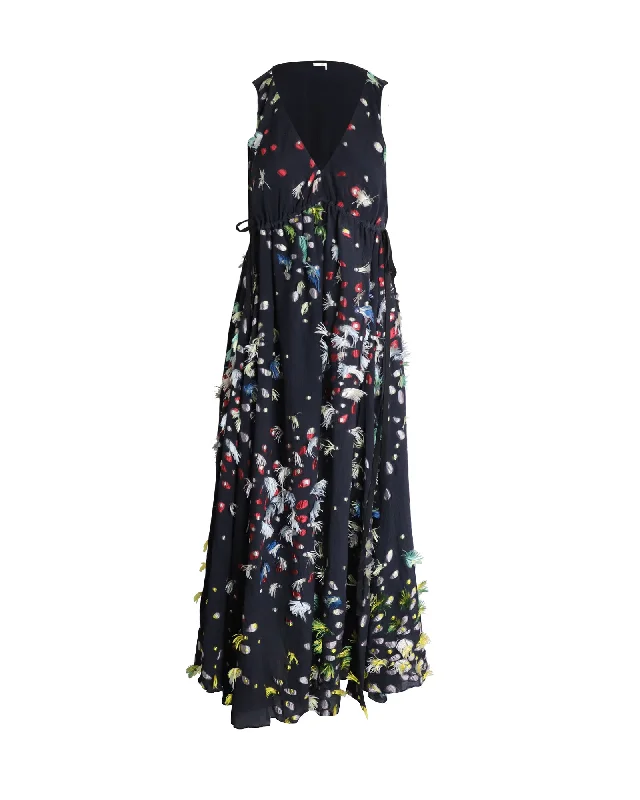 Chloe Embroidered Fringed Sleeveless Maxi Dress in Navy Blue Silk