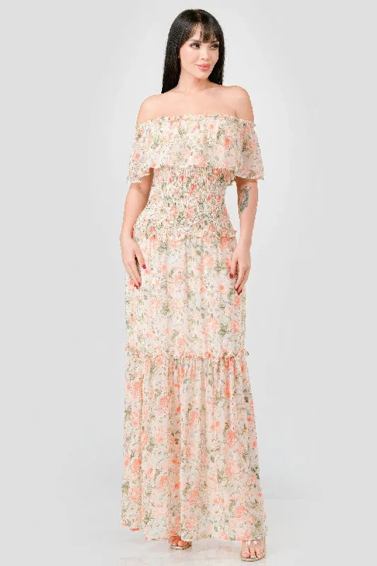 Floral Chiffon Off Shoulder Smocked Back Ruffled Tiered Maxi Dress