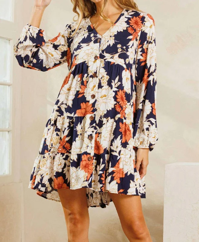 Floral V-Neck Tiered Mini Dress In Navy