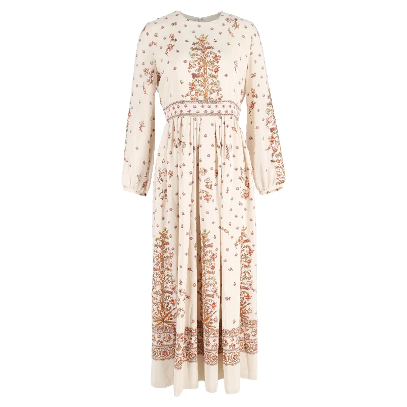 Giambattista Valli Floral Print Maxi Long Sleeve Dress in Cream Crepe de Chine