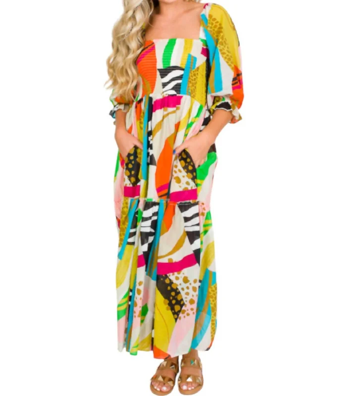 Janice Abstract Print Maxi Dress In Multi-Colored