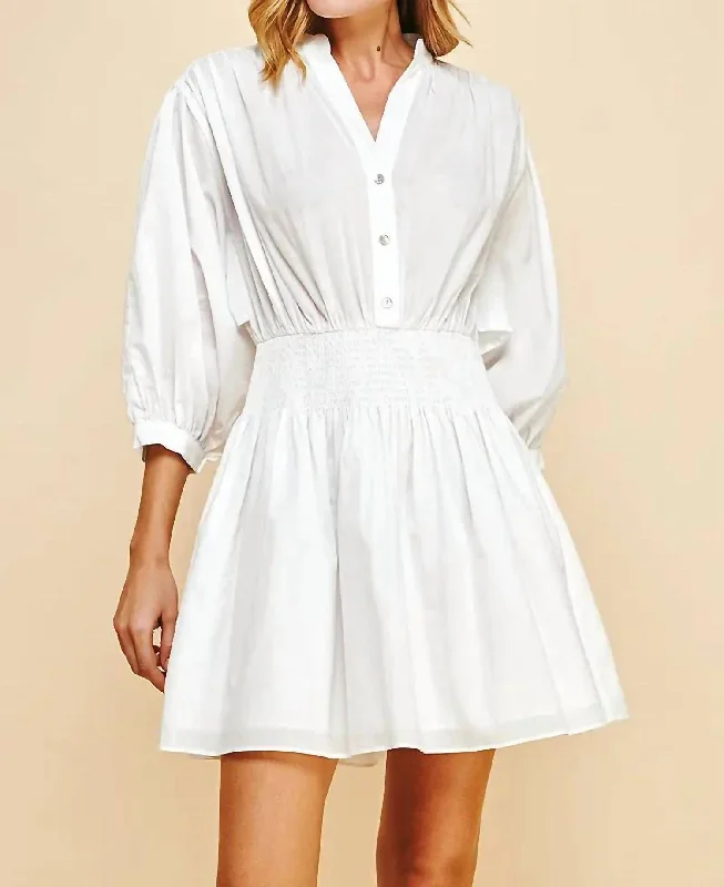 Molly Mandarin Collar Smocked Mini Dress In White