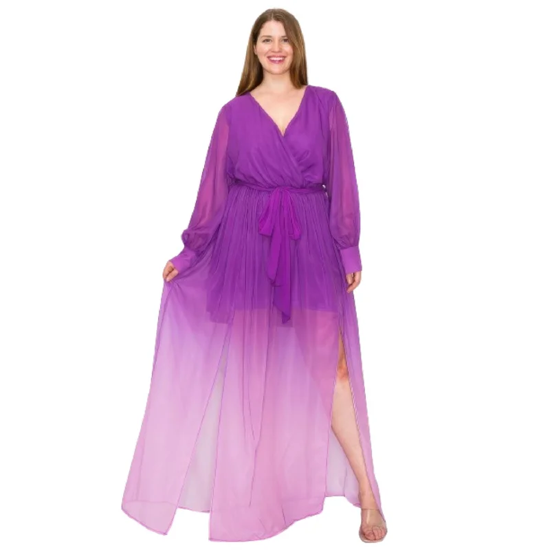 Ombre Chiffon Wrap Front Long Sleeve Tie Waist Slit Front Maxi Dress