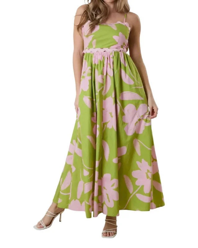 Poplin Ric Rac Trim Maxi Dress In Lime/pink