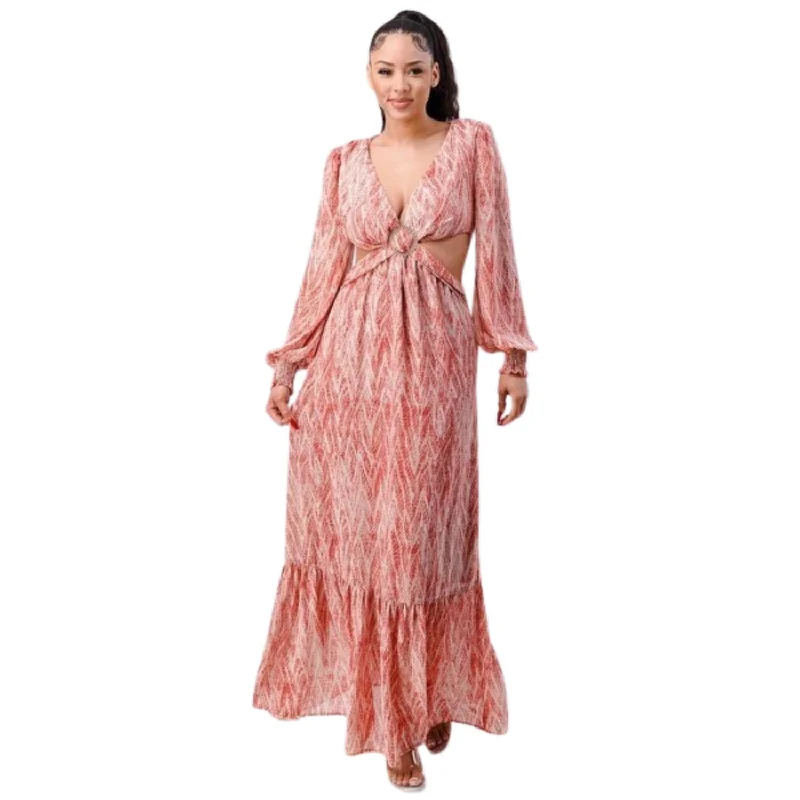 Printed V Neck Self Belted Side Cut Out Ruffled Maxi Dress