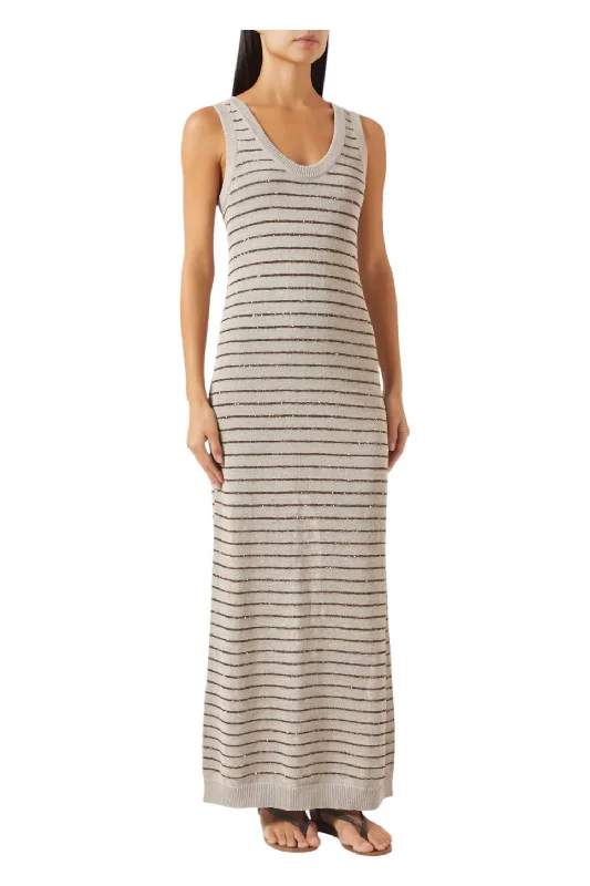 Sleeveless Long Knit Maxi Dress In Grey Beige