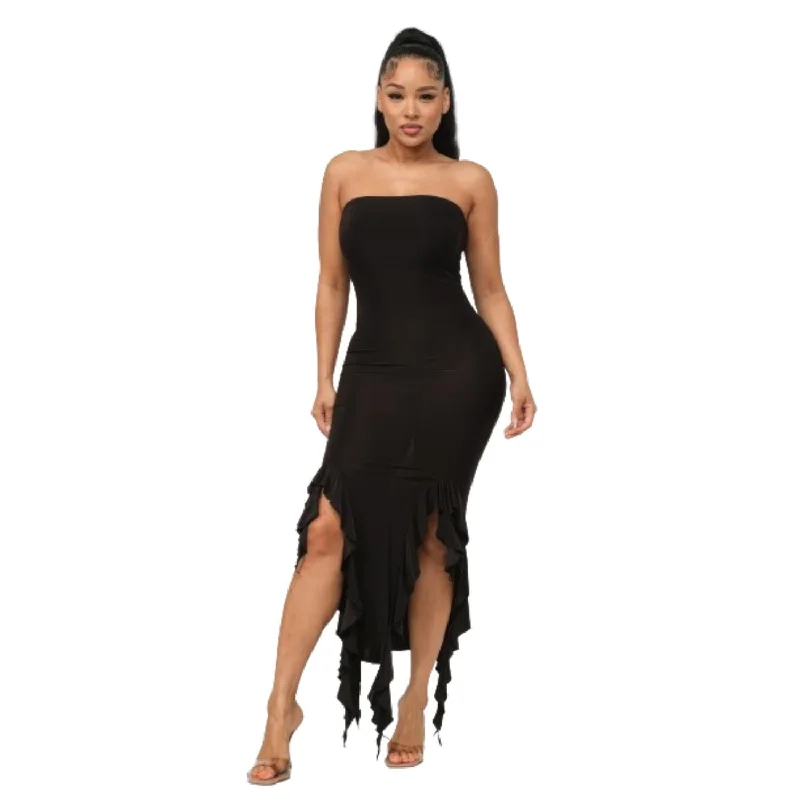 Solid Bottom Ruffle Trim Hem Slit Tube Maxi Dress