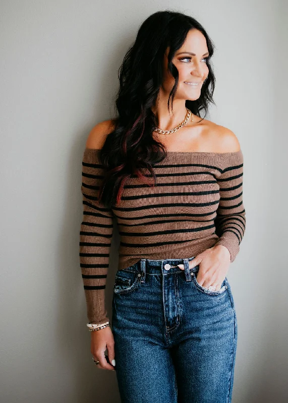 Leo Off Shoulder Stripe Knit Sweater