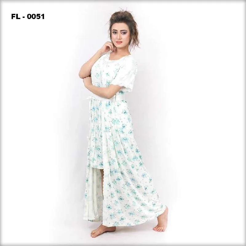 White With Blue Flower Print Flourish 2Pc Women Nightwear - FL-0051