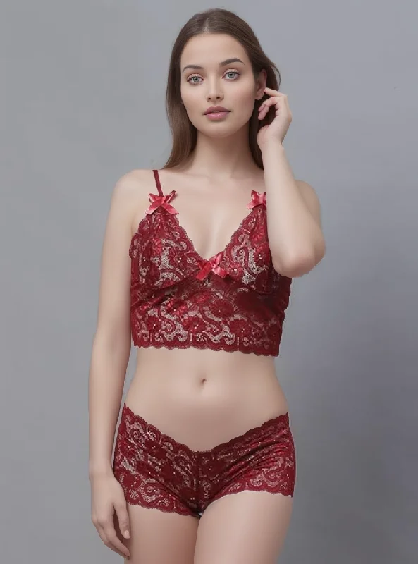 Maroon Lace Bra & Panty Lingerie Set by Shararat