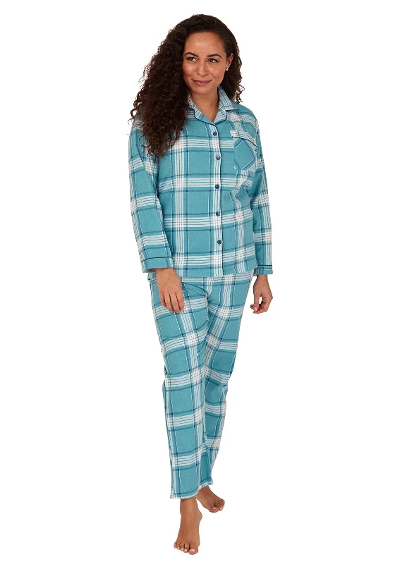 Indigo Sky Brushed Cotton Check Pyjamas, Pale Turquoise