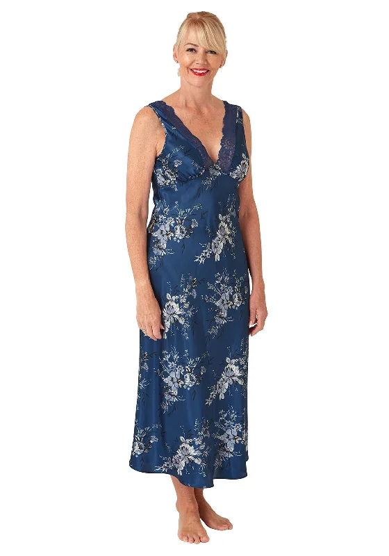 Marlon Floral Print Satin Nightdress, Ocean Blue