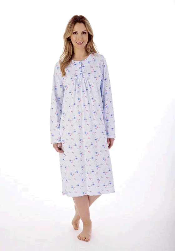 Slenderella Picot Trim jersey Long Sleeve Nightdress, Blue