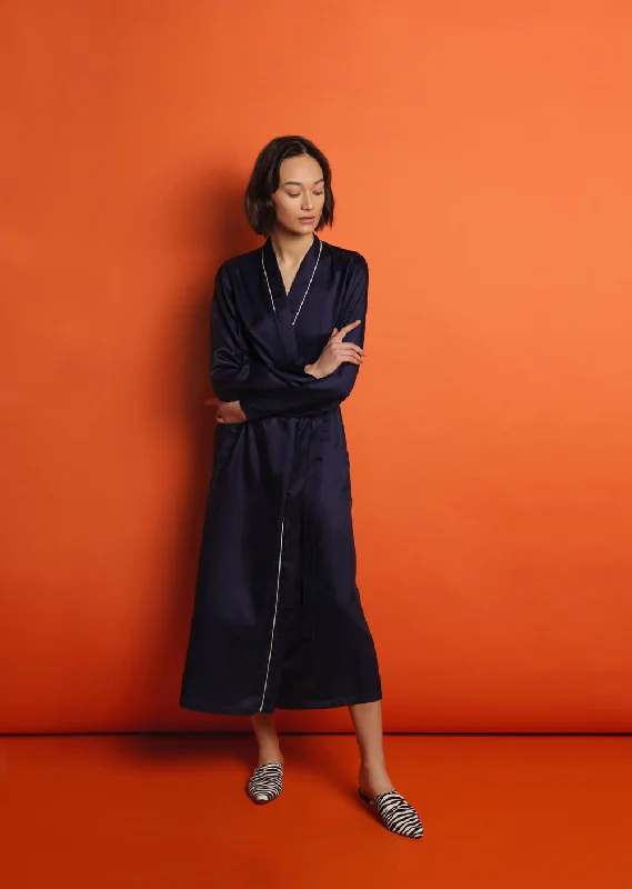 Mulberry Silk Robe - Midnight Navy with Ivory Piping